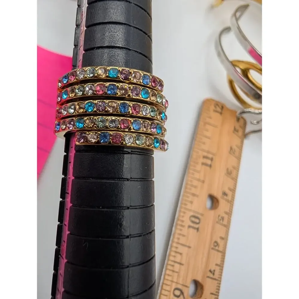 Fashion Gold Tone Multi-Row Pave Rhinestone Crystal Band Ring Size 7.5 Colorful